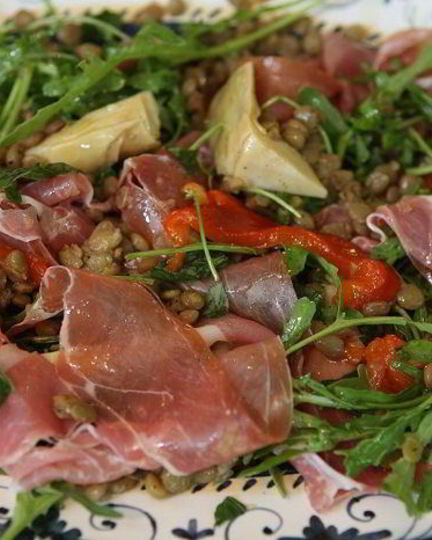 Рецепт чечевицы с артишоками, сладким перцем и ветчиной