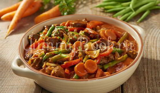 гуляш с зеленой фасолью и овощами