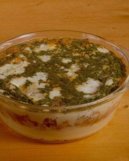 Рецепт картофельного пюре запеченого с окороком и грибами