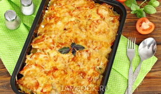 мясо по-французски с картошкой и помидорами