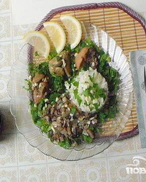 Печень с рисом и грибами