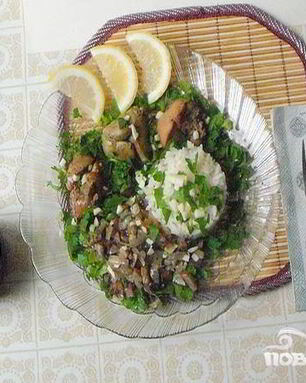 Печень с рисом и грибами