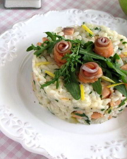 Рецепт яблочного ризотто с копченым лососем