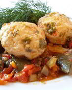 Рыбно-грибные тефтельки, запеченные с овощами