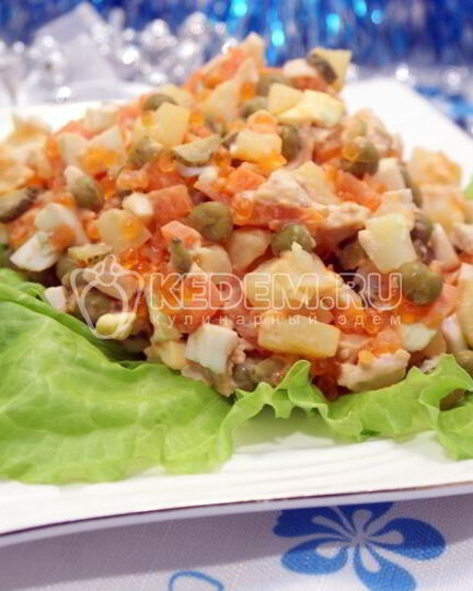 Рецепт салата оливье с курицей и икорной закуской