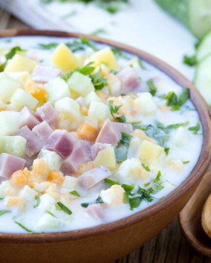 Рецепт окрошки с ветчиной и таном