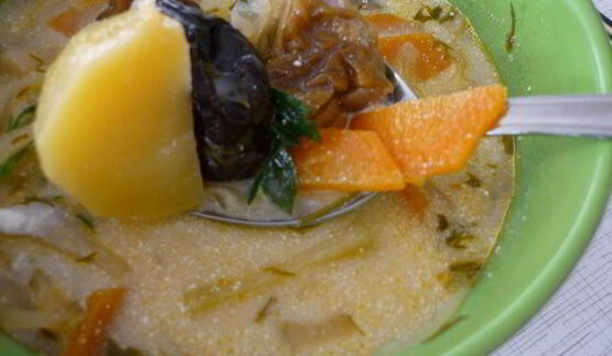 щи из квашеной капусты с белыми грибами и айвой