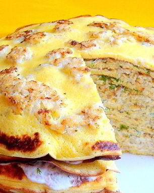 Блинный рыбный торт с припеком