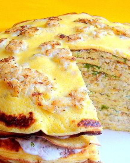 Рецепт блинного рыбного торта с припеком