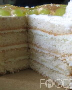 Бисквитный торт с фруктами и взбитыми сливками